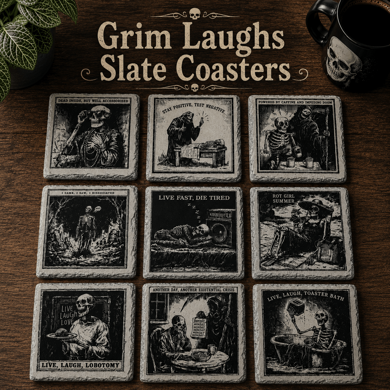 Grim Laughs Slate Coasters