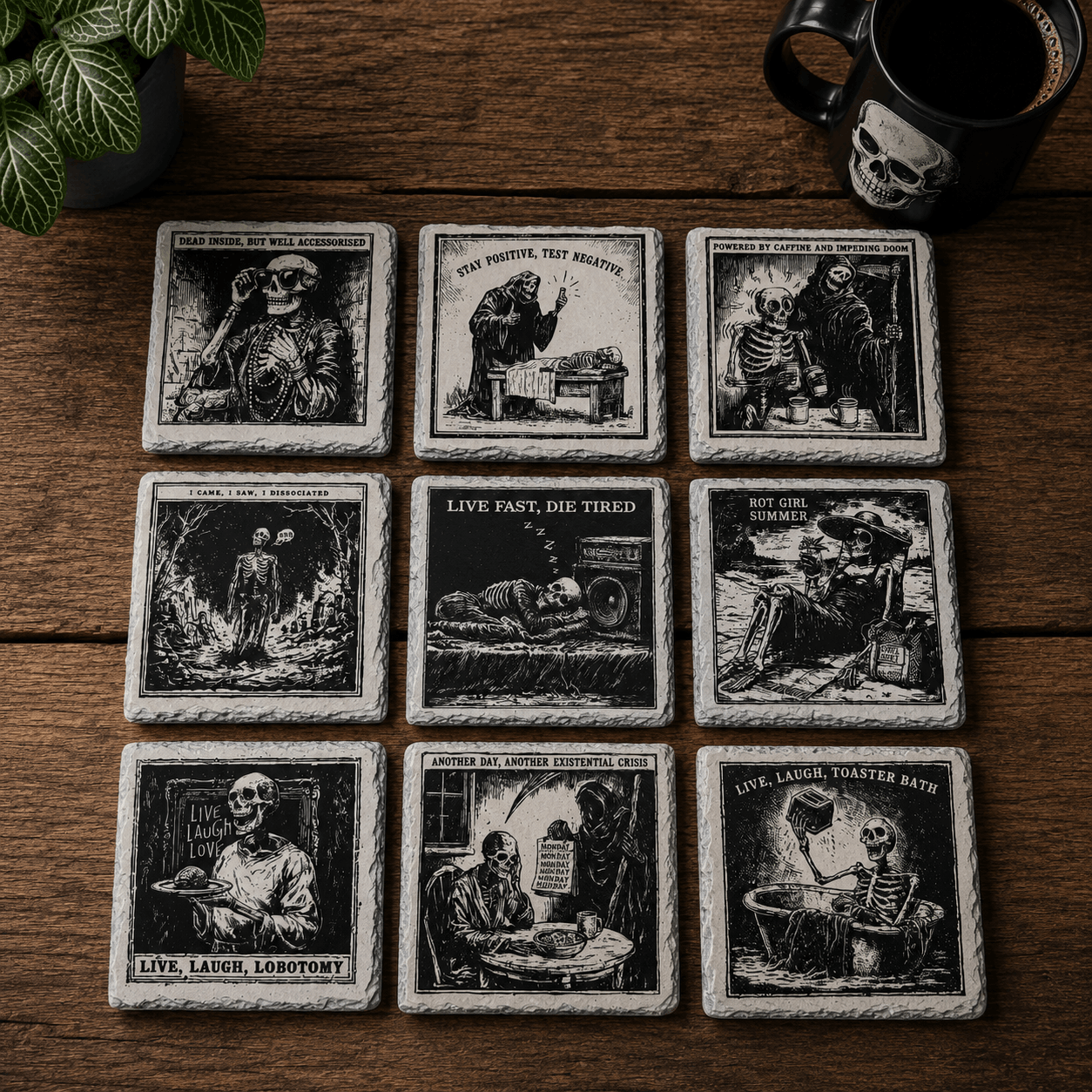Grim Laughs Slate Coasters