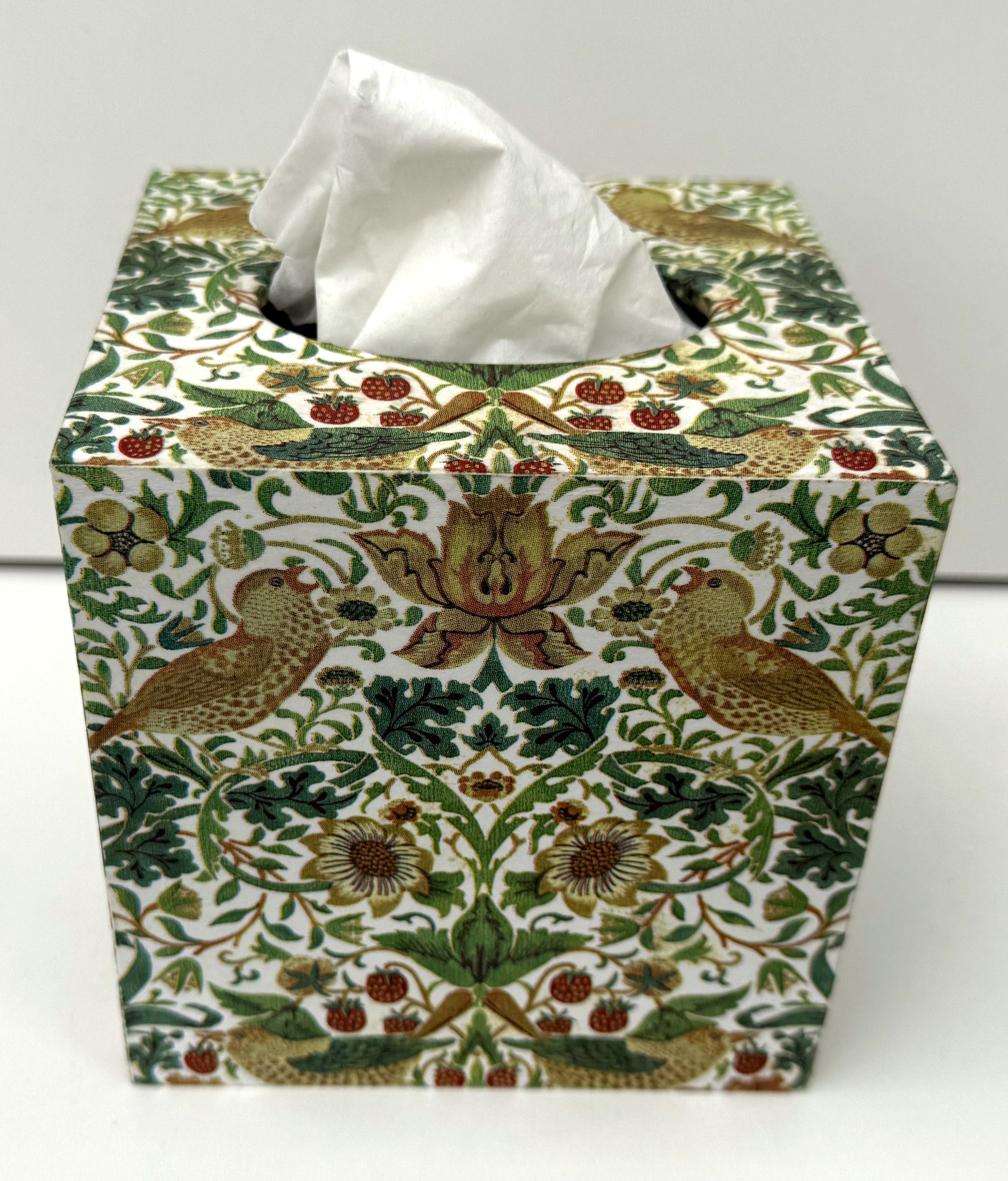 Tissue Box Cover Handmade - William Morris Strawberry Thief, green, gold, birds, floral, gift