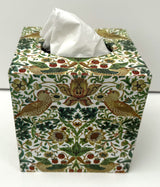 Tissue Box Cover Handmade - William Morris Strawberry Thief, green, gold, birds, floral, gift