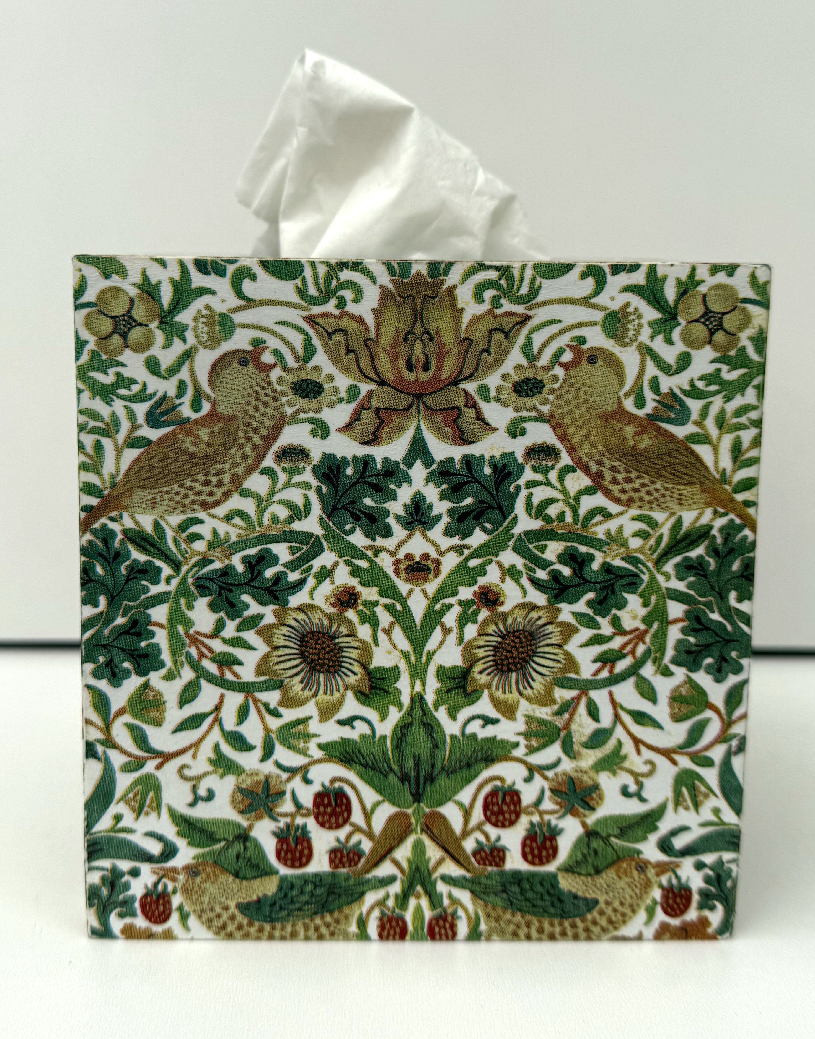 Tissue Box Cover Handmade - William Morris Strawberry Thief, green, gold, birds, floral, gift