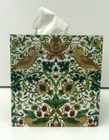 Tissue Box Cover Handmade - William Morris Strawberry Thief, green, gold, birds, floral, gift
