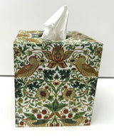 Tissue Box Cover Handmade - William Morris Strawberry Thief, green, gold, birds, floral, gift