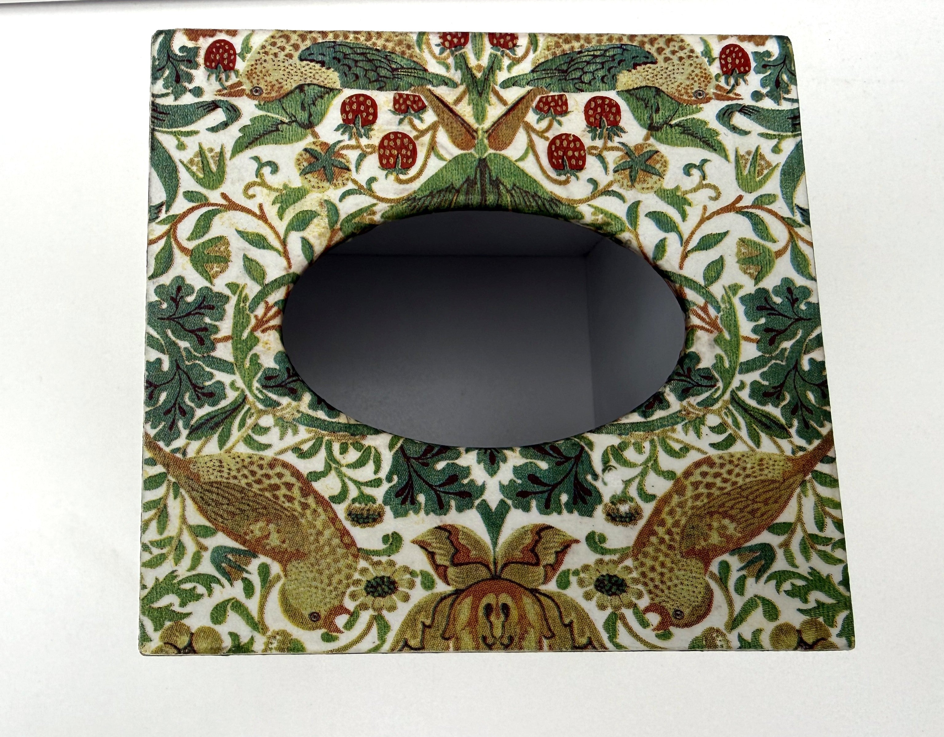 Tissue Box Cover Handmade - William Morris Strawberry Thief, green, gold, birds, floral, gift