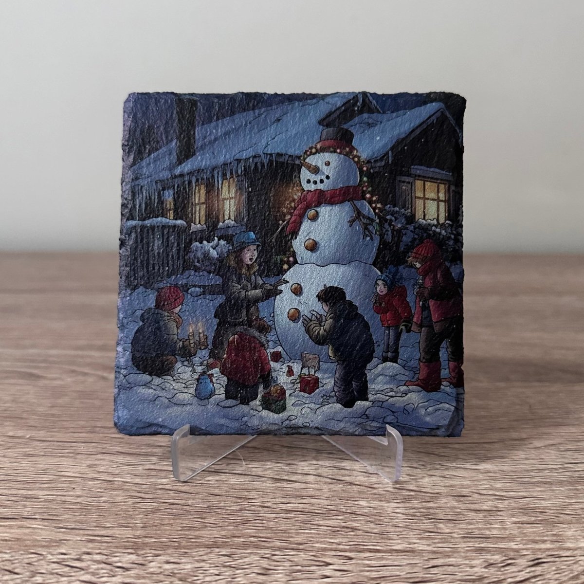 Christmas Slate Coasters - Children Building A Snowman - GameOn.games